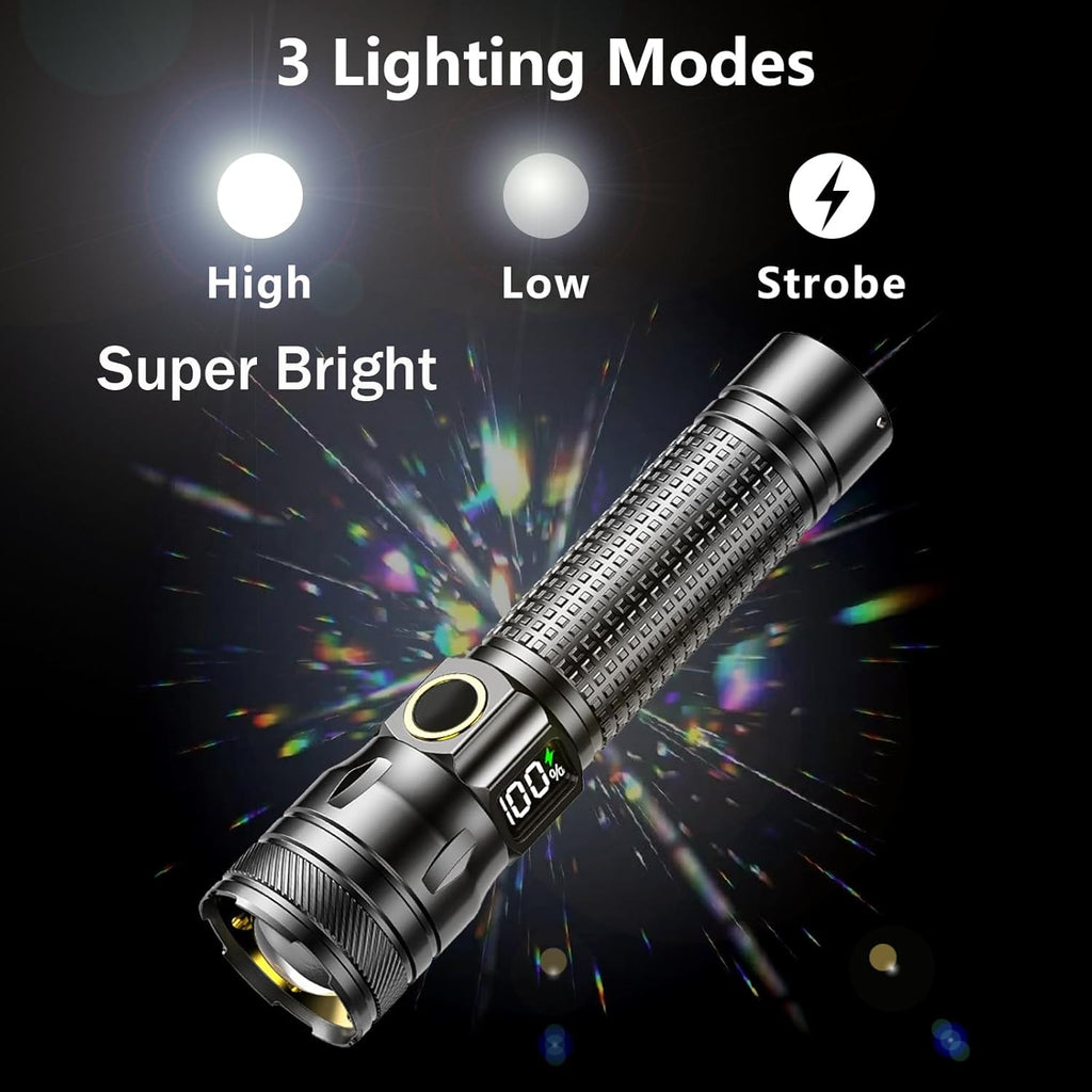 Skiennix Rechargeable LED Flashlight - High Lumens Bright EDC with Digital Power Display | USB-C Charging for Home & Outdoor Use