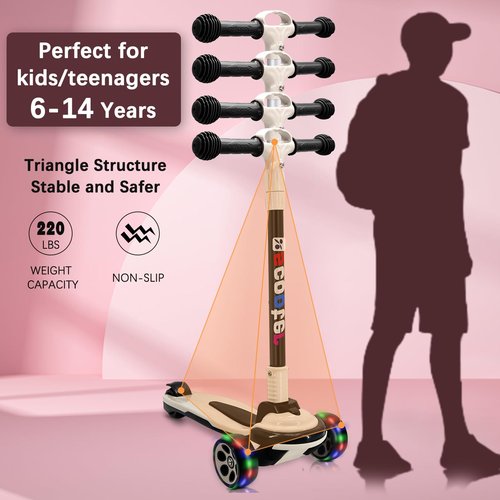 3 Wheels Kick Scooter for Kids Teens Ages 6-18 Years Extral Wide Deck 4 Adjustable Height and Foldable Handlebar LED Flashing Glider Push Scooter for Boys Girls