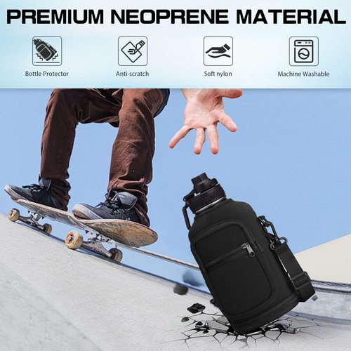 Water Bottle Sleeve with Pocket & Strap - 64 oz Insulated Water Bottles Carrier Bag with Strap, 2 Zip Pockets Neoprene Pouch, Water Jug Holder for Camping Travelling, Flask Accessory Carrying Case