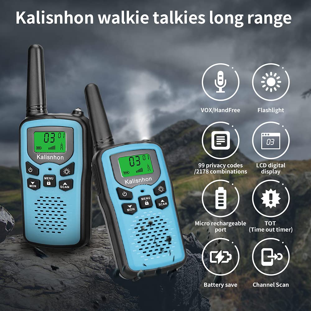 Walkie Talkies for Adults,Kalisnhon walkie talkies with 22 FRS Channels，walkie Talkie Long Range with Flashlight VOX LCD Display Two Way radios for Cycling Camping Hiking(2 Pack) 2-Blue