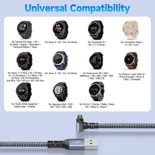 Garmin Watch Charger Cable Right Angle [2-Pack,4ft] Compatible with Garmin Fenix 5 5S 5X 6 6S 6X Plus Pro 7 7S 7X 8, Forerunner 945 45 45S 245 Music,Approach S10 S40 S60 G12 S42,Vívoactive 3 4 4S