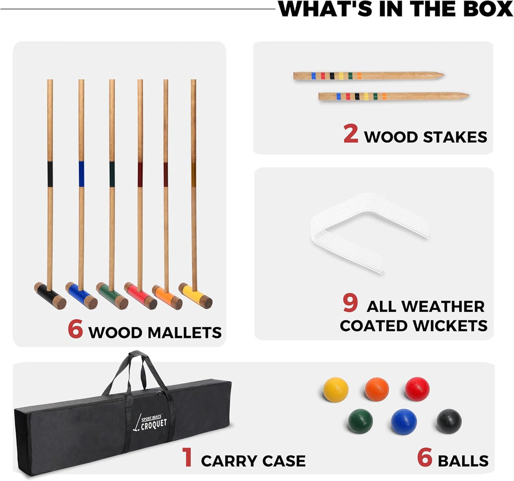 Sport Beats Croquet Set - Six Player Rubberwood Mallets, 32 Inch, Carry Case & Accessories for Outdoor Fun
