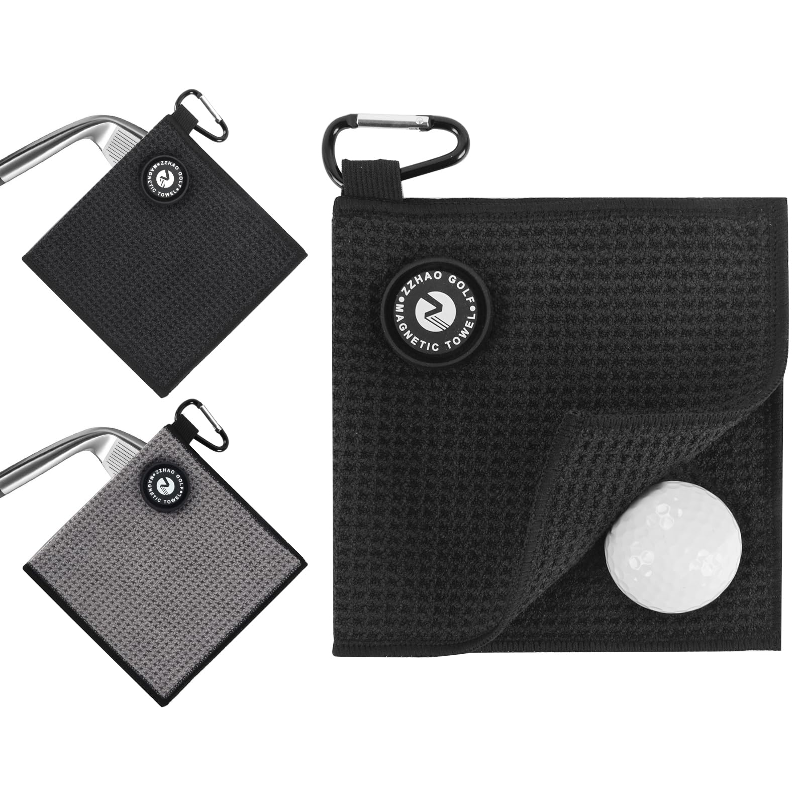 ZZHAO Magnetic Golf Towels,Super Absorbent Microfiber Small Towels with Clip - Industrial Strength Magnet,Lightweight, Scratch-Resistant, 5.5x5.5 In-2Pcs- Black&Gray