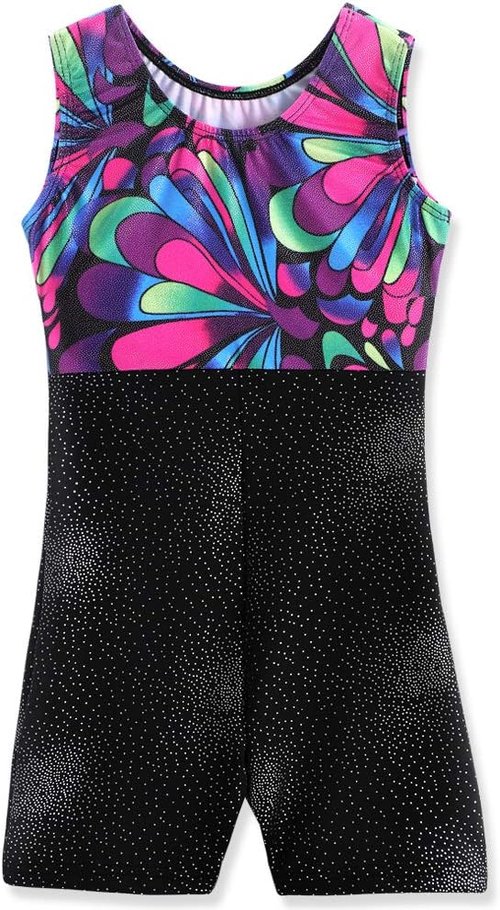 Belovance Gymnastics Leotards for Girls - Sparkle Butterfly & Flower Pattern | Hot Pink & Black