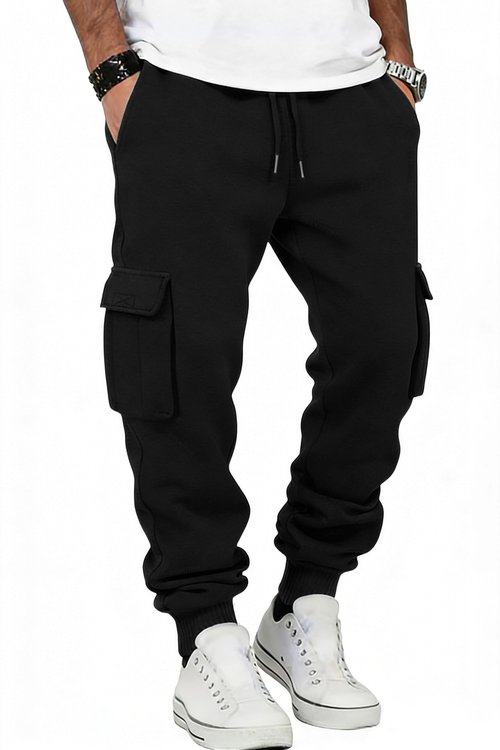 Drantren Cargo Sweatpants for Men Cotton Casual Joggers Stretch Drawstring Baggy Sweatpants with Pockets Jogging Pants Black