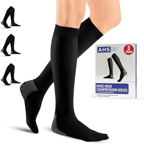 American Hospital Supply - Knee High Compression Socks - 15-20 mmHg, Black, Medium | Lightweight Medical Stockings, 3 Pairs