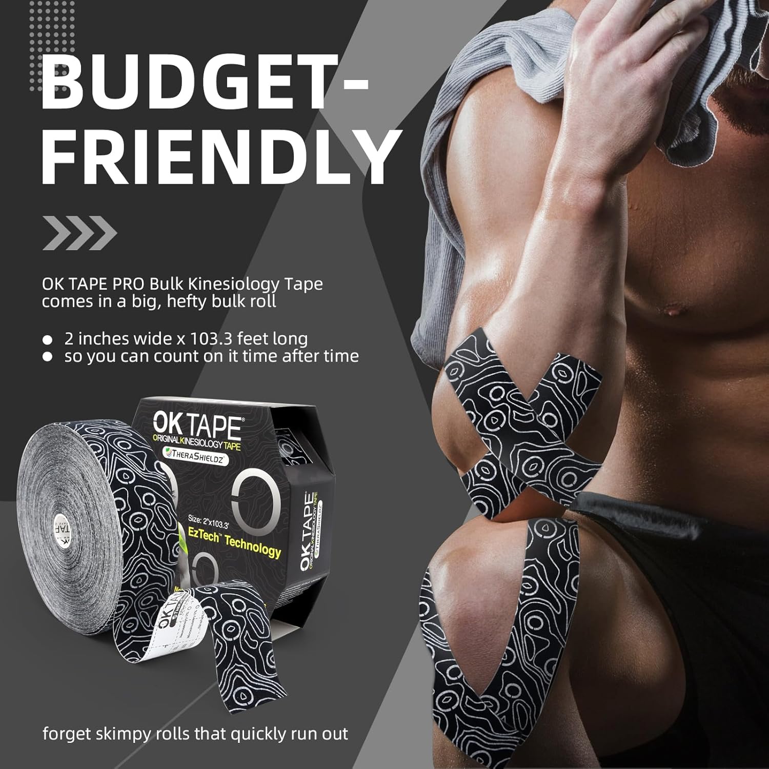 OK TAPE Kinesiology Tape - Pro Adhesive, Water-Resistant, Elastic Athletic Tape | 103 Feet, Black, Latex-Free