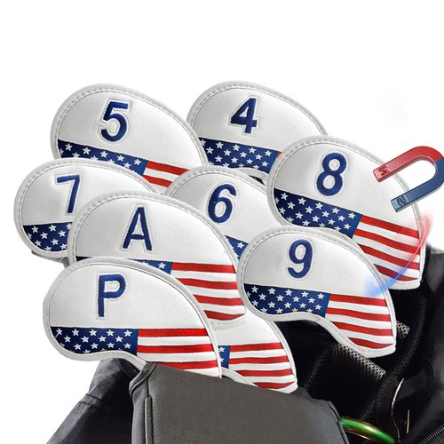 Amy Sport Golf Iron Head Covers Strong Magnetic Closure Value 9 Pack, Premium Synthetic Leather Deluxe Headcovers USA Flag Design, Universal Head Cover Fit Main Irons Clubs (White-USA Flag)