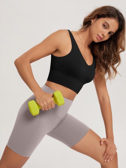ODODOS Women's Longline U-Back Sports Bra V-Neck Padded Yoga Workout Wirefree Tank Top, Black, Medium