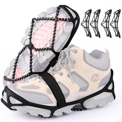 Sfee 2 Pairs Ice Cleats Ice Grippers for Shoes and Boots, Crampons Traction Cleats for Walking on Snow and Ice Anti-Slip Flexible Footwear Snow Grips for Walking Climbing Hiking Jogging with 4 Straps