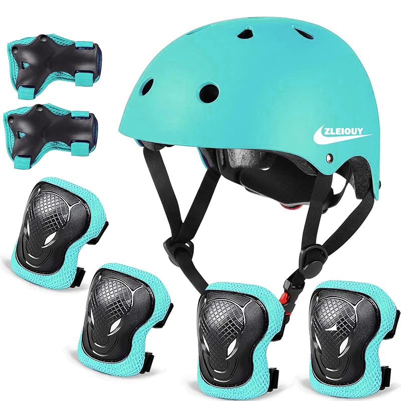 Adjustable Kids Helmet with 2-Size Protection Set for 3-16 Years - Light Green, 20.5-22.4 in (52-57 cm) with Knee Elbow Wrist Pads