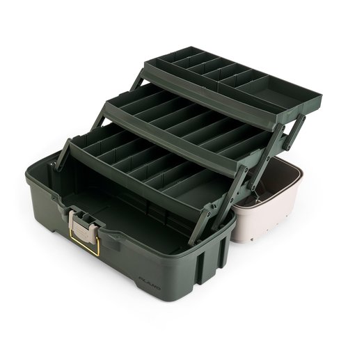Plano Three-Tray Tackle Box Bass Kit, Tan/Green, Rust-Proof Brass Latch, Top-Access Tray Compartments with Deep Storage, Made in the USA, Portable Fishing Gear Storage Organizer