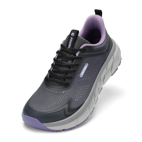 Women's Wide Toe Box Walking Shoes Breathable Sneakers Non-Slip Athletic Tennis Running Shoes for Swollen Feet Heel Pain Relief - FlowCore V6 Grey/Purple