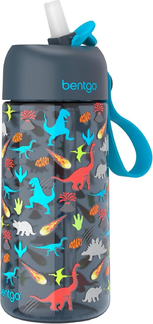 Bentgo Kids Water Bottle - Leak-Proof, Durable Tritan, BPA-Free 15 oz. for Kids | Bite & Sip Spout, Dishwasher Safe, Dinosaur Design
