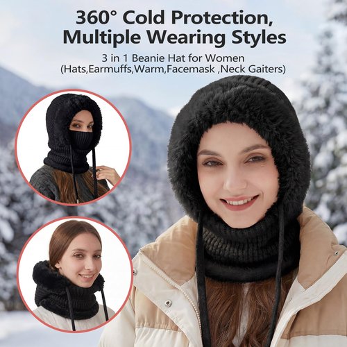 PolaZIA 3 in 1 Beanie Hat with Scarf and Mask, 3-in-1 Beanie Hat for Women, Windproof Scarf Hat, Womens Winter Hat, Knitted Ski Scarf and Face Mask, Wind Resistant Hooded Scarf, Winter Face Mask-A