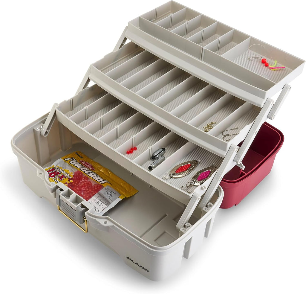 Plano Tackle Box | Three-Tray Salmon Kit with Deep Storage - Maroon/Grey, Rust-Proof Brass Latch