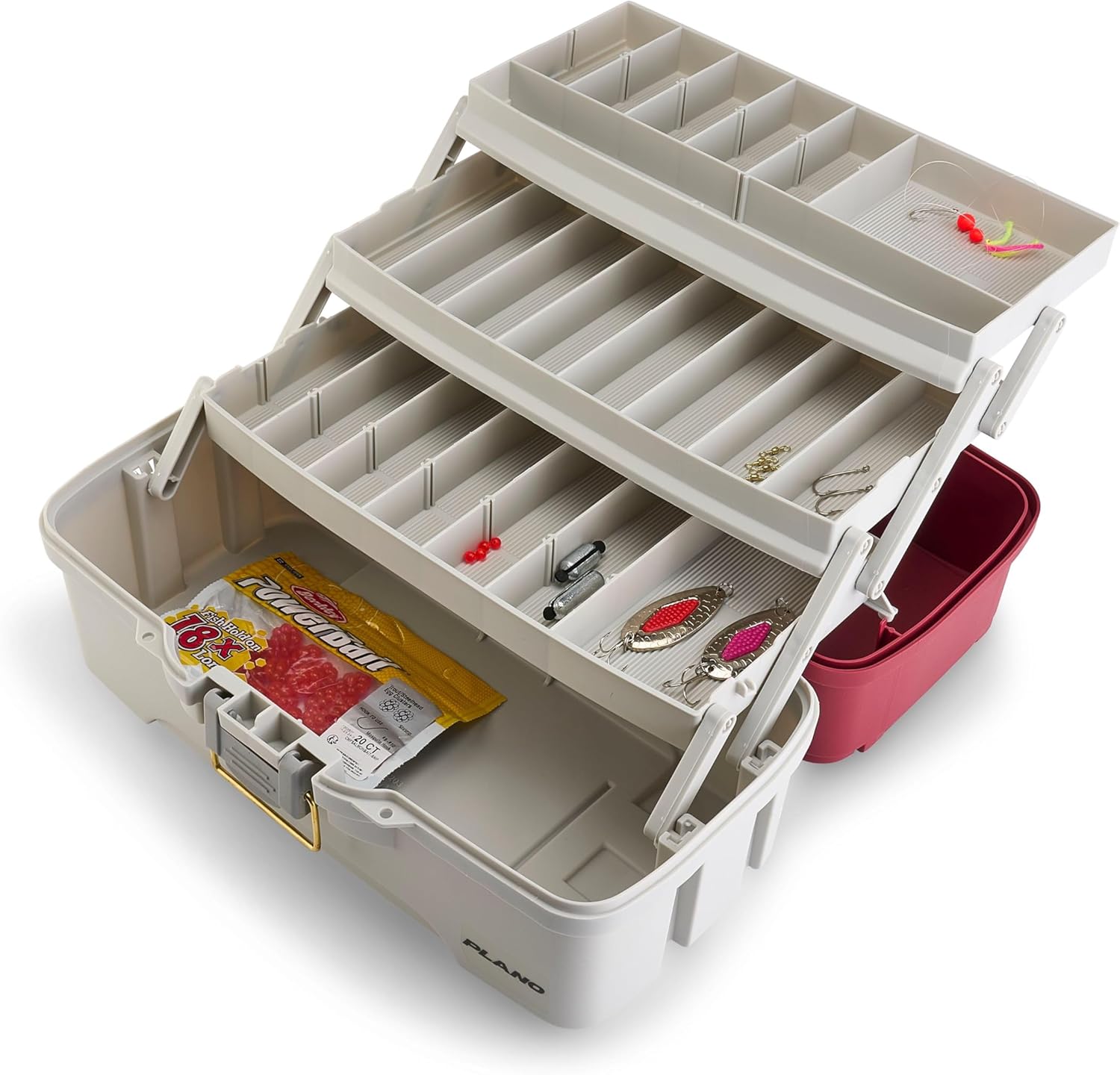 Plano Tackle Box | Three-Tray Salmon Kit with Deep Storage - Maroon/Grey, Rust-Proof Brass Latch