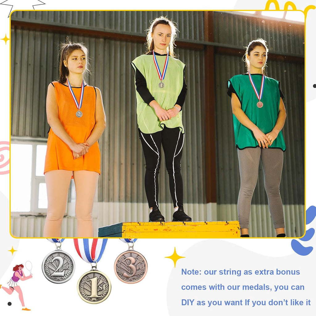 RoundFunny Award Medals - 1st, 2nd, 3rd Place Gold, Silver & Bronze Medals with Neck Ribbon | 2-Inch Trophy for Sports Competitions