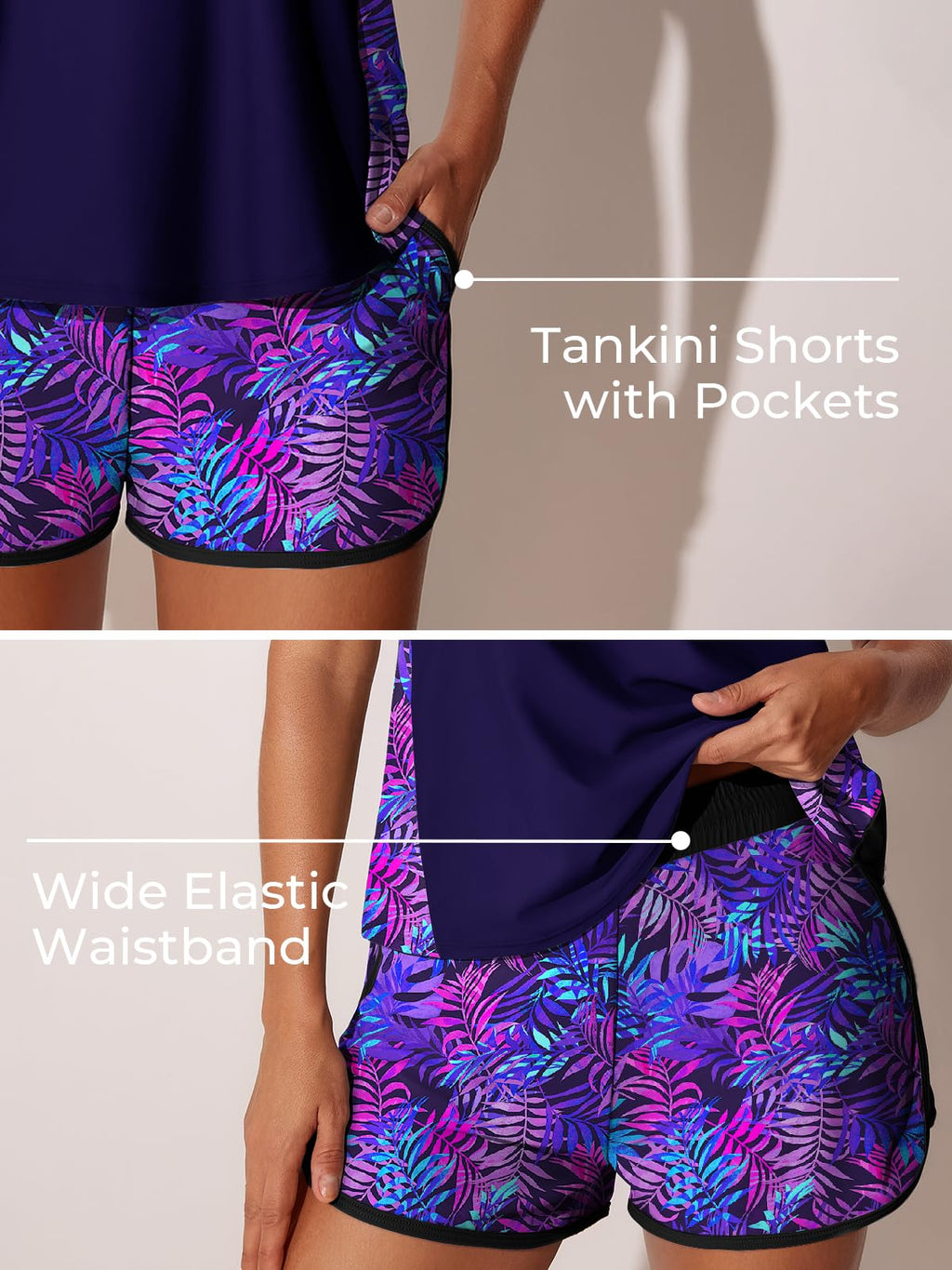 Summer Mae Plus Size Tankini Swimsuits for Women 2026 Tummy Control Two Piece Bathing Suits with Pockets Swim Shorts Purple Leaf Shadows Size 24 Plus