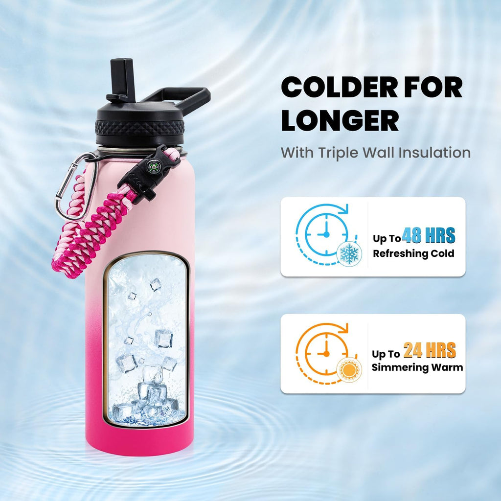 Skiennix Insulated Water Bottle - 40 Oz Triple Wall Vacuum Stainless Steel | Cold for 48 Hrs, Leak Proof, Ombre Pink
