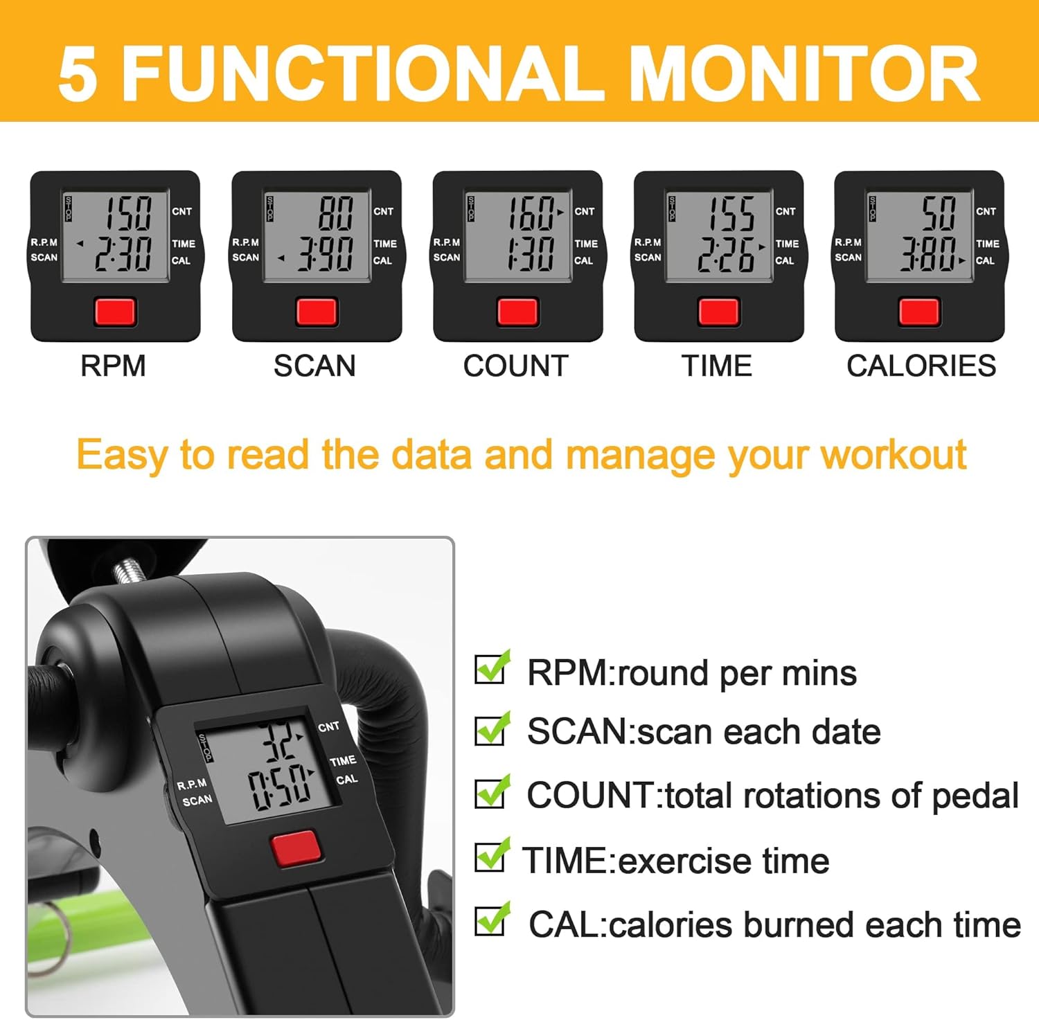 Pedal Exerciser - Foldable Desk Exercise Bike for Legs and Arms with LCD Monitor - Black/Green