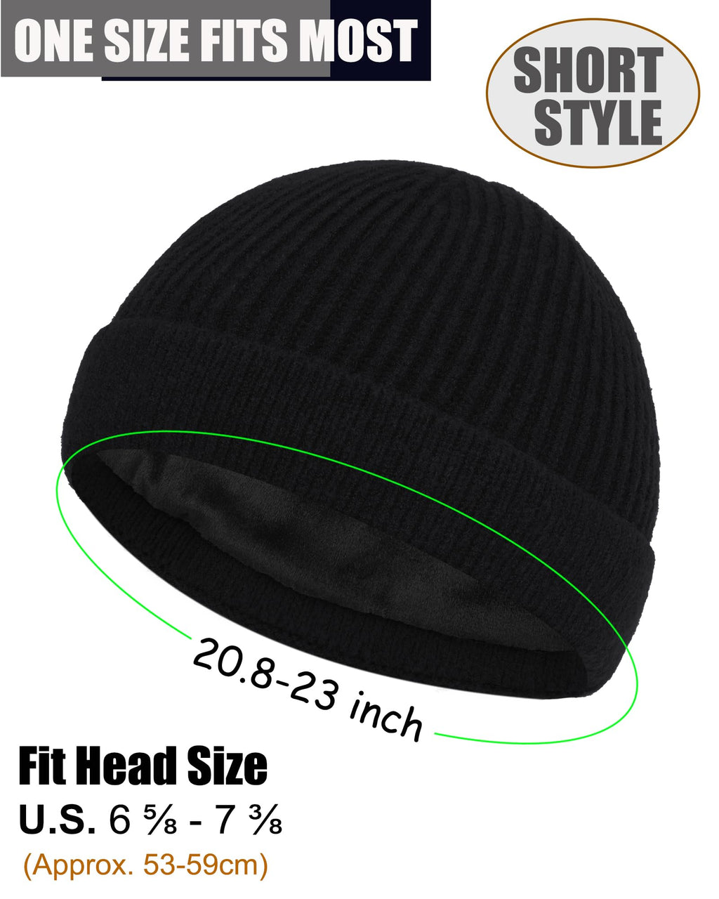 ROYBENS Swag Wool Short Fisherman Beanie for Men Women, Fleece Lined Warm Winter Hat, Knit Cuff Trawler Beanies Watch Skull Cap Black