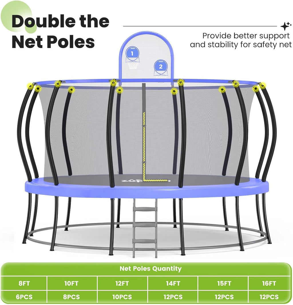 Zupapa 1800LBS Capacity Double Frame Trampoline - 12FT to 16FT | No-Gap Safety Design & Basketball Hoop