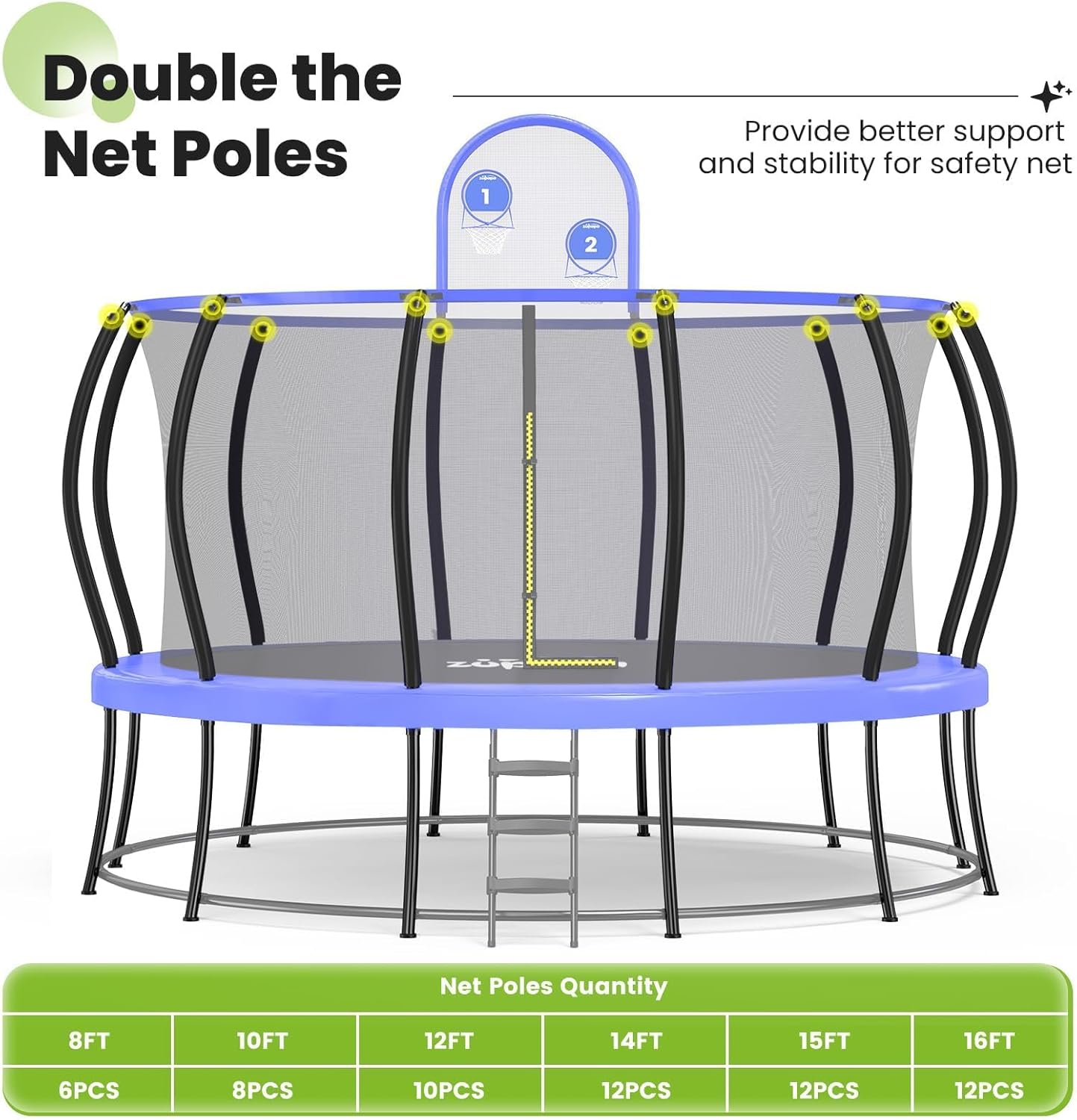 Zupapa 1800LBS Capacity Double Frame Trampoline - 12FT to 16FT | No-Gap Safety Design & Basketball Hoop