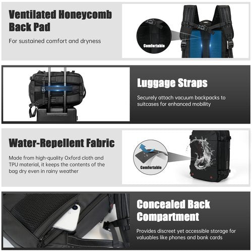 CCUNSZI Vacpack Backpack with Vacuum 60L One-Touch Air Extraction, TSA Approved Anti-Theft, Water Resistant Expandable Backpack,Black
