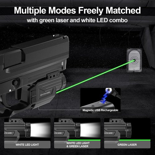 XYH-Win Aluminum 1000 Lumens Green Laser Light Combo with Strobe Function for Glock/SIG Pistol, Tactical Flashlight Laser Sight Fits for Picatinny Rail & Full Compact Rail, USB Magnetic Rechargeable
