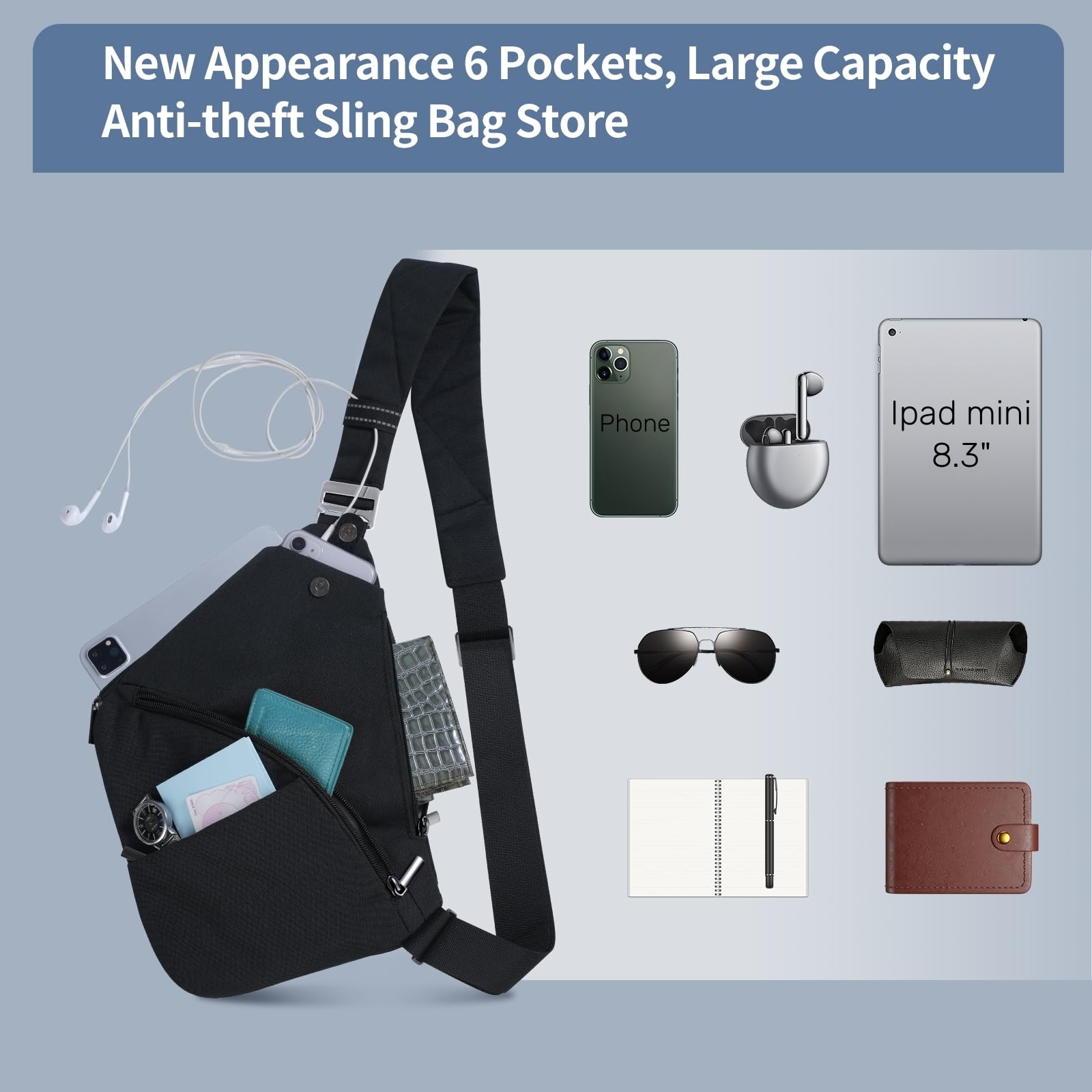 VADOO Sling Bag for Men and Women, Anti theft Crossbody Bag Lightweight Shoulder Chest Bag for Travel Gym Running