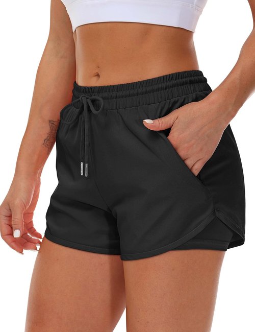 Mancreda Women's Running Shorts - Elastic Gym & Yoga Shorts with 3 Zipper Pockets