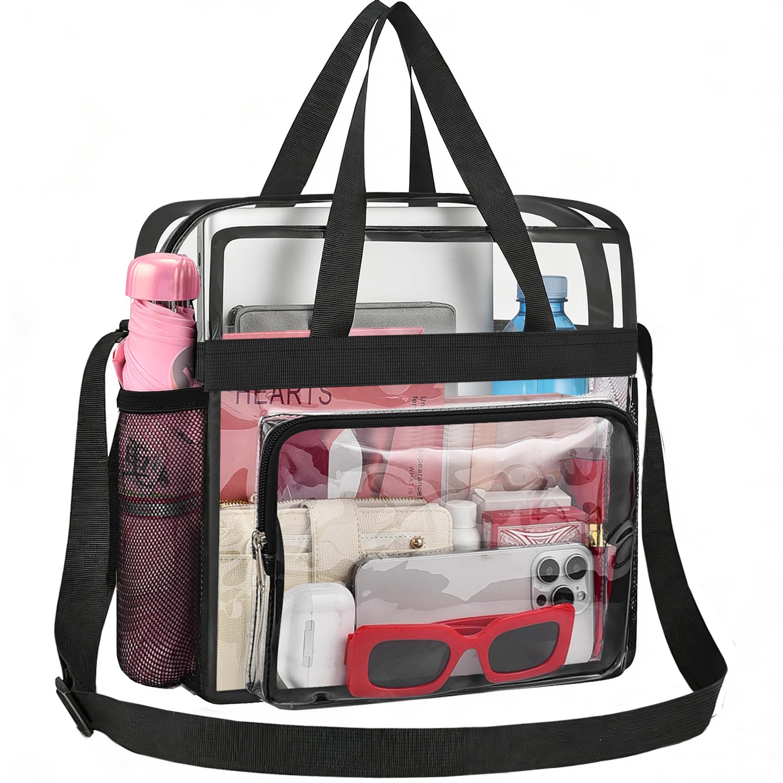 Busiuw Clear Bag for Stadium Events, Stadium Approved 12x12x6 Clear Tote Bag with Reinforced Straps for Sport Fan, Work Concert Travel(Black)