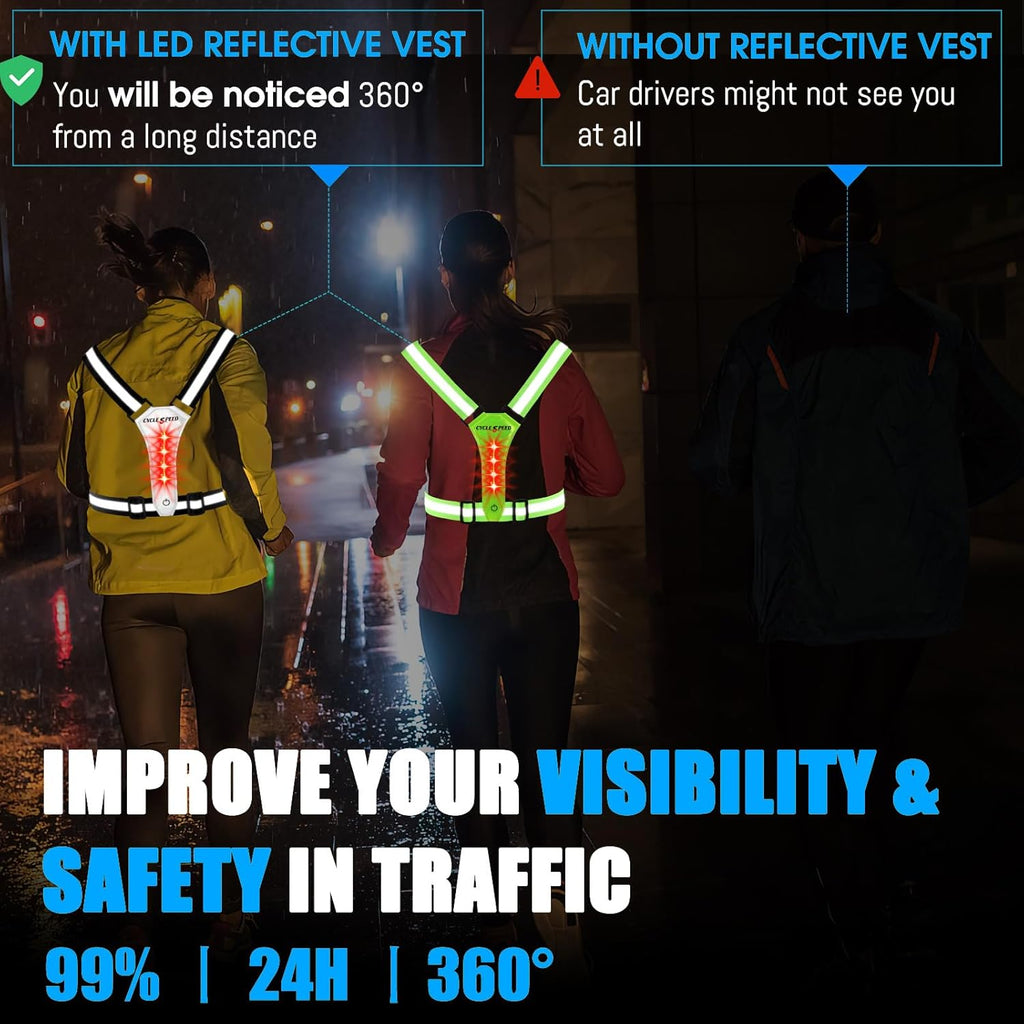 Skiennix LED Reflective Vest - High Visibility Light-Up Running Gear | USB Rechargeable & Adjustable for All Ages