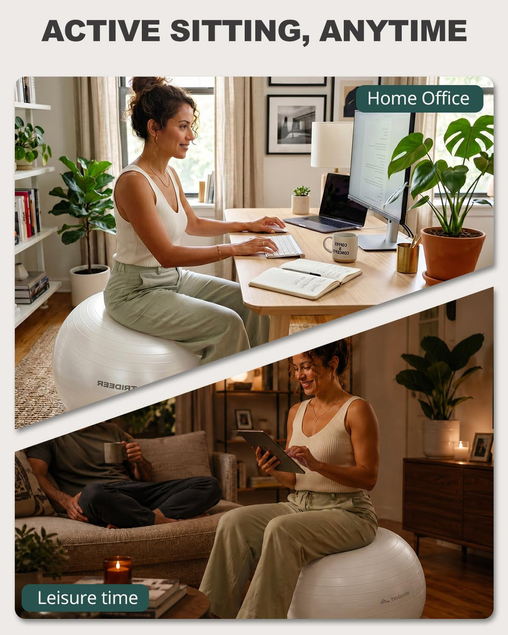 Trideer Yoga Ball for Exercise, Pregnancy & Birthing, 5 Sizes Exercise Ball for Physical Therapy, Stability, Fitness, Quick Pump Included