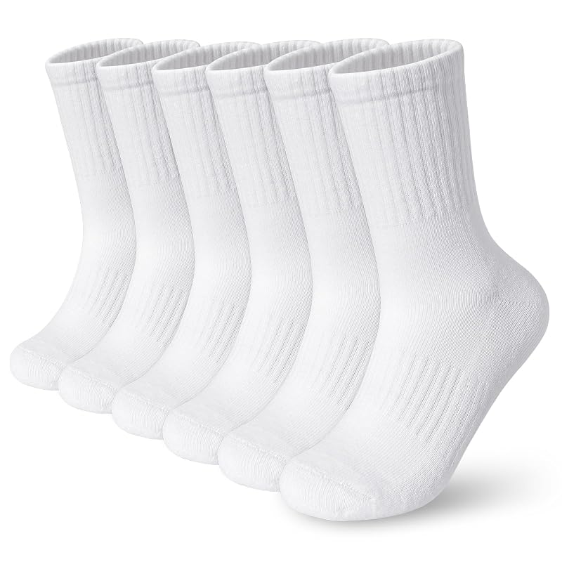 BOOPH Kids Crew Socks Thick Cotton Athletic 5-14 Years - White, 10-14 Years