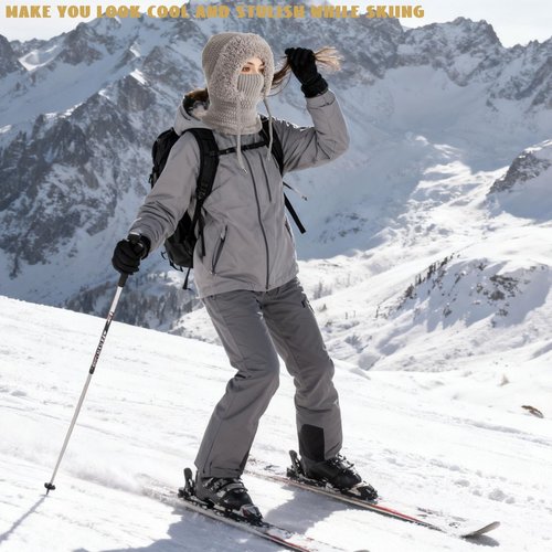 3 in 1 Beanie Hat for Women, Winter Fleece, Lined Thick Knitted Set with Scarf and Mask, Winter Hat with Built in Scarf, Thermal Insulation Ski Kit Grey
