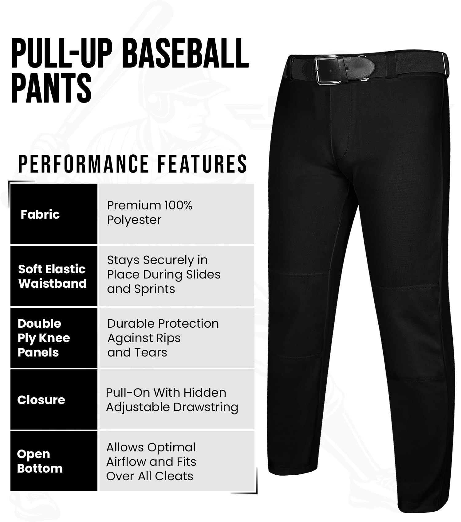 Exxact Sports Pull-Up Youth Baseball Pants with Adjustable Drawstring, Full-Length, No-Fly, Open Bottom Boys Baseball Pants