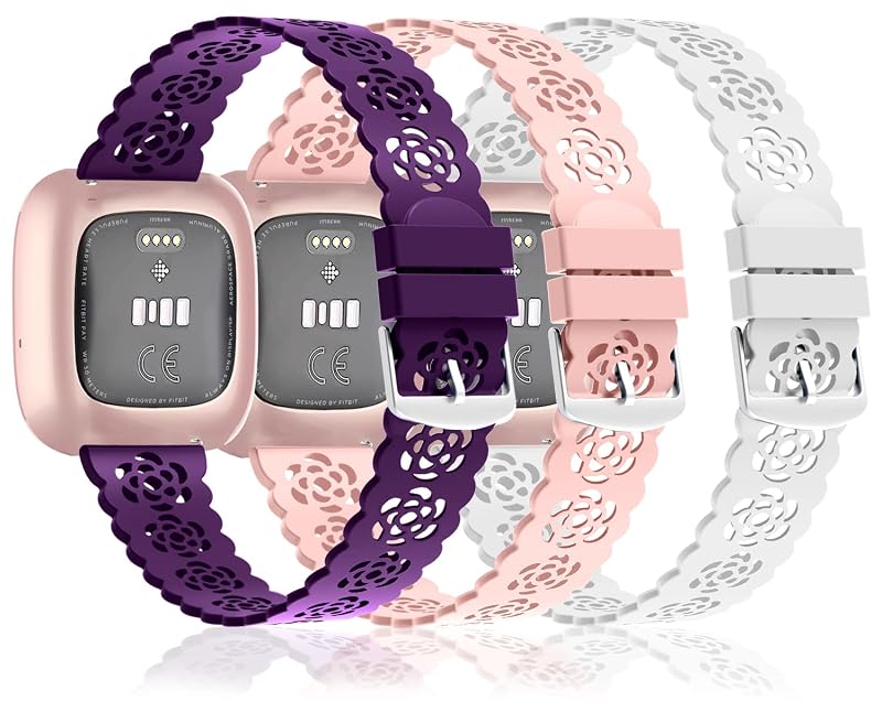 3 Pack 22mm Lace Hollowed-Out Silicone Replacement Wristbands for Fitbit Versa Family - Baby Pink, Purple, White