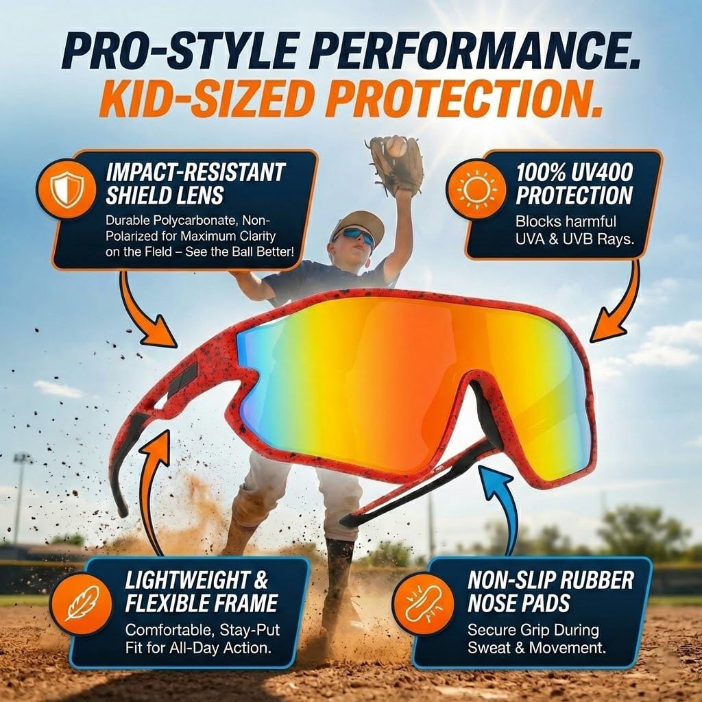 Skiennix Kids Baseball Sunglasses - Youth Sports Shades for Boys & Girls Age 6-14
