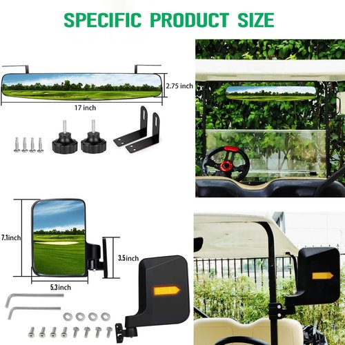No Drilling Golf Cart Mirrors with Built-In Reflector, Golf Cart Side Mirrors and Rear View kit 180° Rotation HD Shatterproof Glass Ultra-Wide Fit for EZGO, Club Car, Yamaha, ICON, Star, Zone