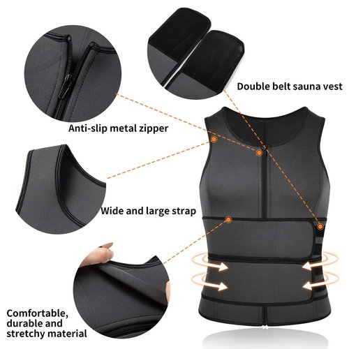 SHAPERIN Men Neoprene Sauna Zipper Waist Trimmer Vest Tank Top Trimmer Body Shaper with Two Adjustable Belts Large