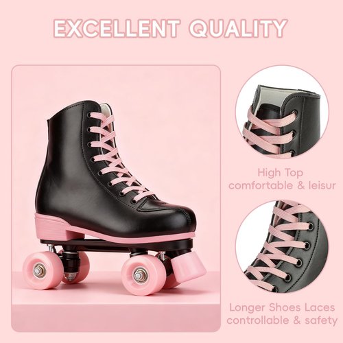 Jessie Women Roller Skates with Light Up Wheels Stylish Black Quad Skating Ideal for Men, Adult, Youth and Beginners Outdoor(Flash Wheel, 37-23.5cm/9.25in)