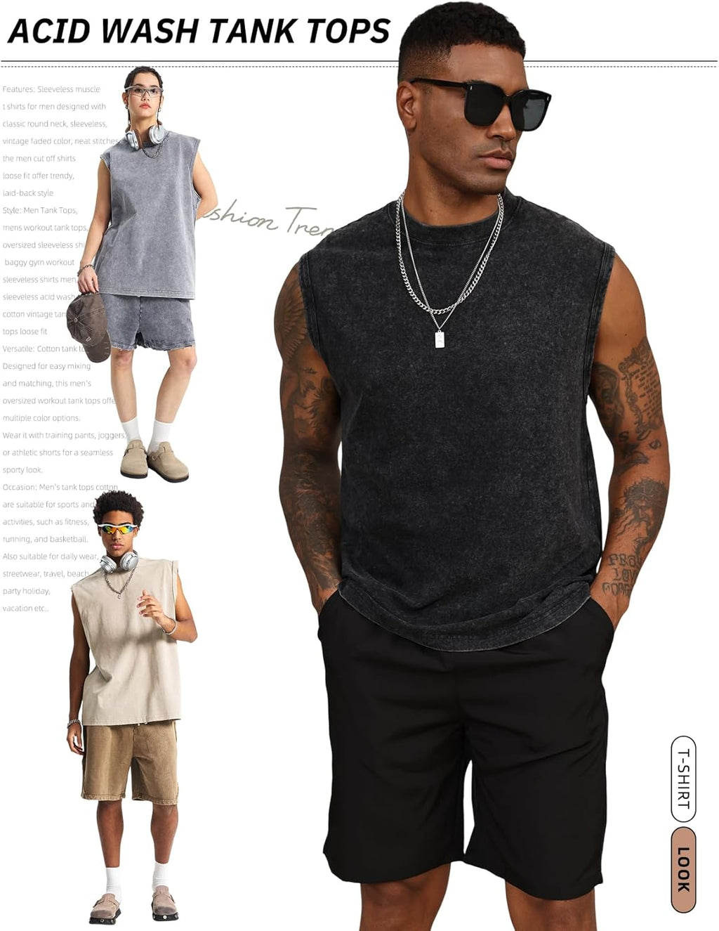Arssm Sleeveless Tank Tops for Men - Cotton Acid Wash Muscle Workout Tees | Comfortable Fit
