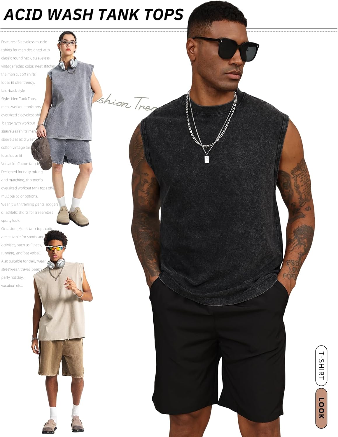 Arssm Sleeveless Tank Tops for Men - Cotton Acid Wash Muscle Workout Tees | Comfortable Fit