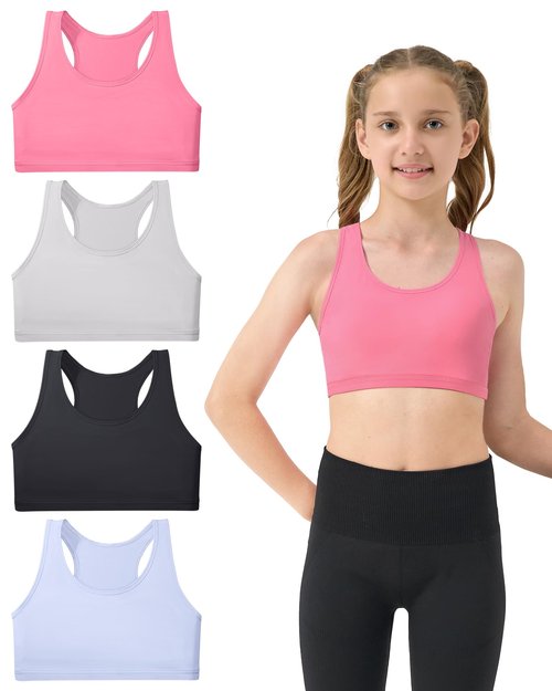 Sascina Girls Training Bras Racerback Sports Bras 8-10 Preteen Seamless Bralettes - No Pads, Chest Double Lined, Black/Rose Pink/Grey/Candy Blue Medium