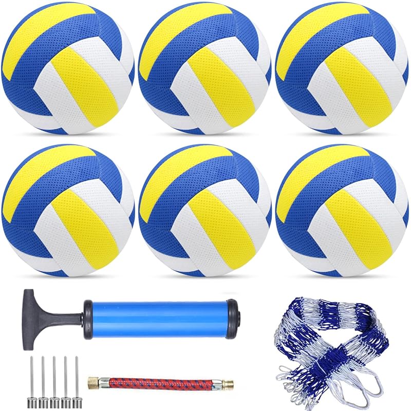 Volleyballs 6 Pack Official Size 5 with Pump & Net Bag - Composite Leather Indoor/Outdoor