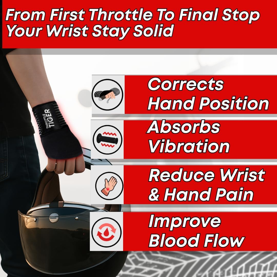 Throttle Tiger – Motorcycle Wrist Brace Adjustable Wrist Wraps for Bikers, Wrist Support Reduces Hand Pain and Absorbs Vibration, Enhancing Comfort and Stability (Large)