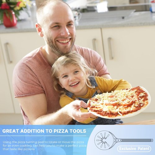 Pizza Turning Peel, 8-inch Pizza Peel Turner Spinner, Long Handle Perforated Aluminum Pizza Peel with Silicone Hook, Pizza Oven Accessories