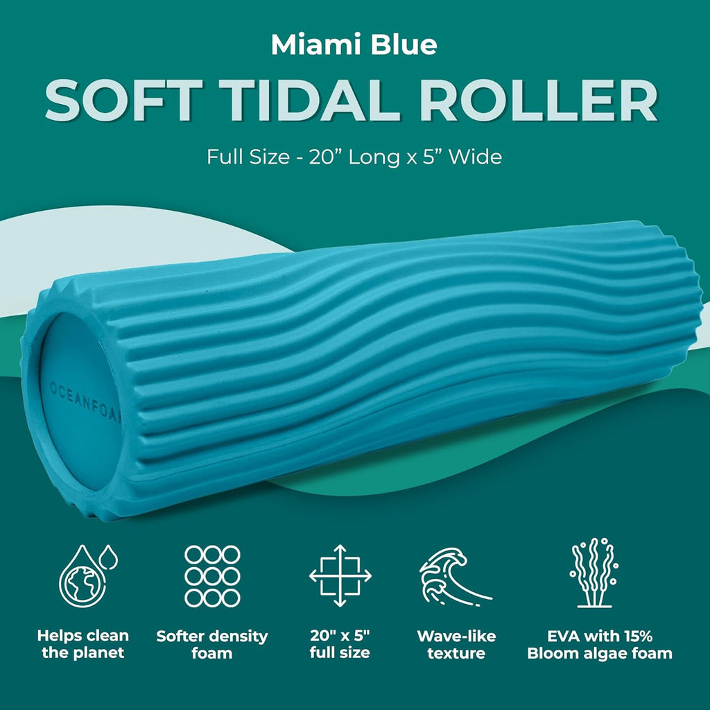 Oceanfoam Soft Tidal Roller - Miami Blue Low Density Foam Roller for Therapy & Exercise | 20" x 5" Wave Textured